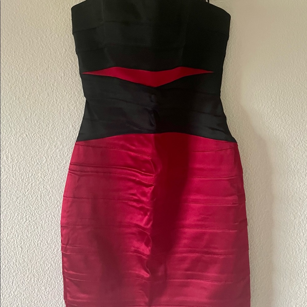BEBE strapless satin black and deep red dress size S